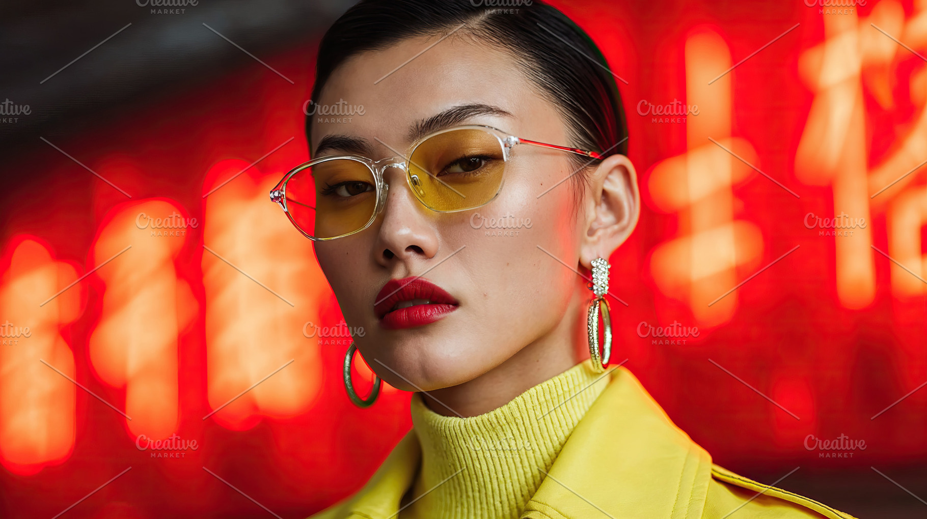 Influencer woman posing with colorful sunglasses against vibrant backdrop, a Person Photo by OSORIOartist