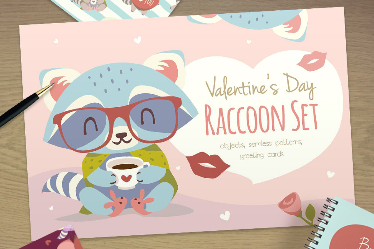 St. Valentine's Day Raccoon Set, an Animal Illustration by SunnyWS (Photo 1 of 8)