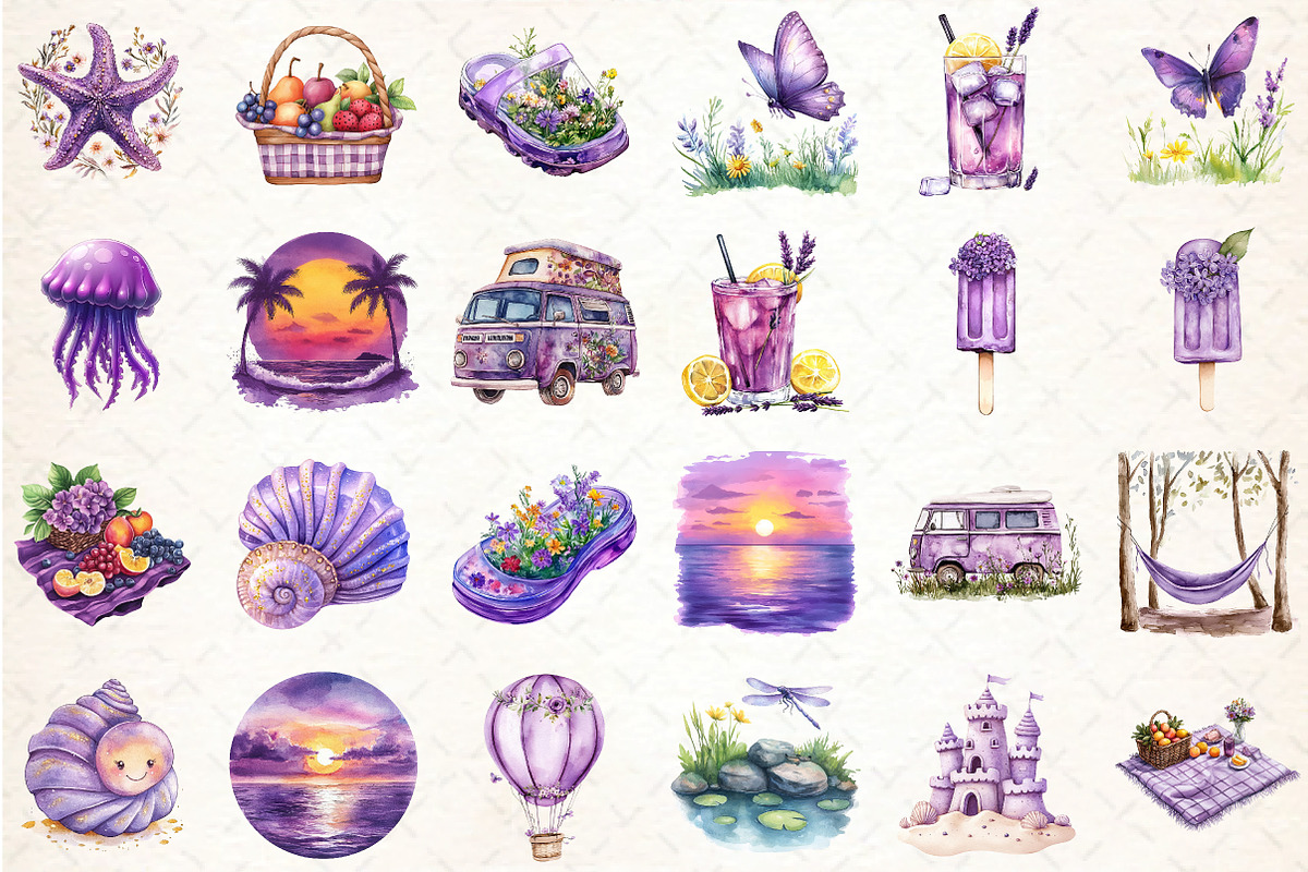 Watercolor Purple Summer Clipart, an Illustration by DreamCafeArt (Photo 2 of 3)