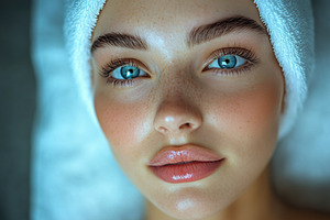 A close-up portrait of a young woman esthetic technologist with clear skin, blu, a Person Photo by Textures & Backgrounds