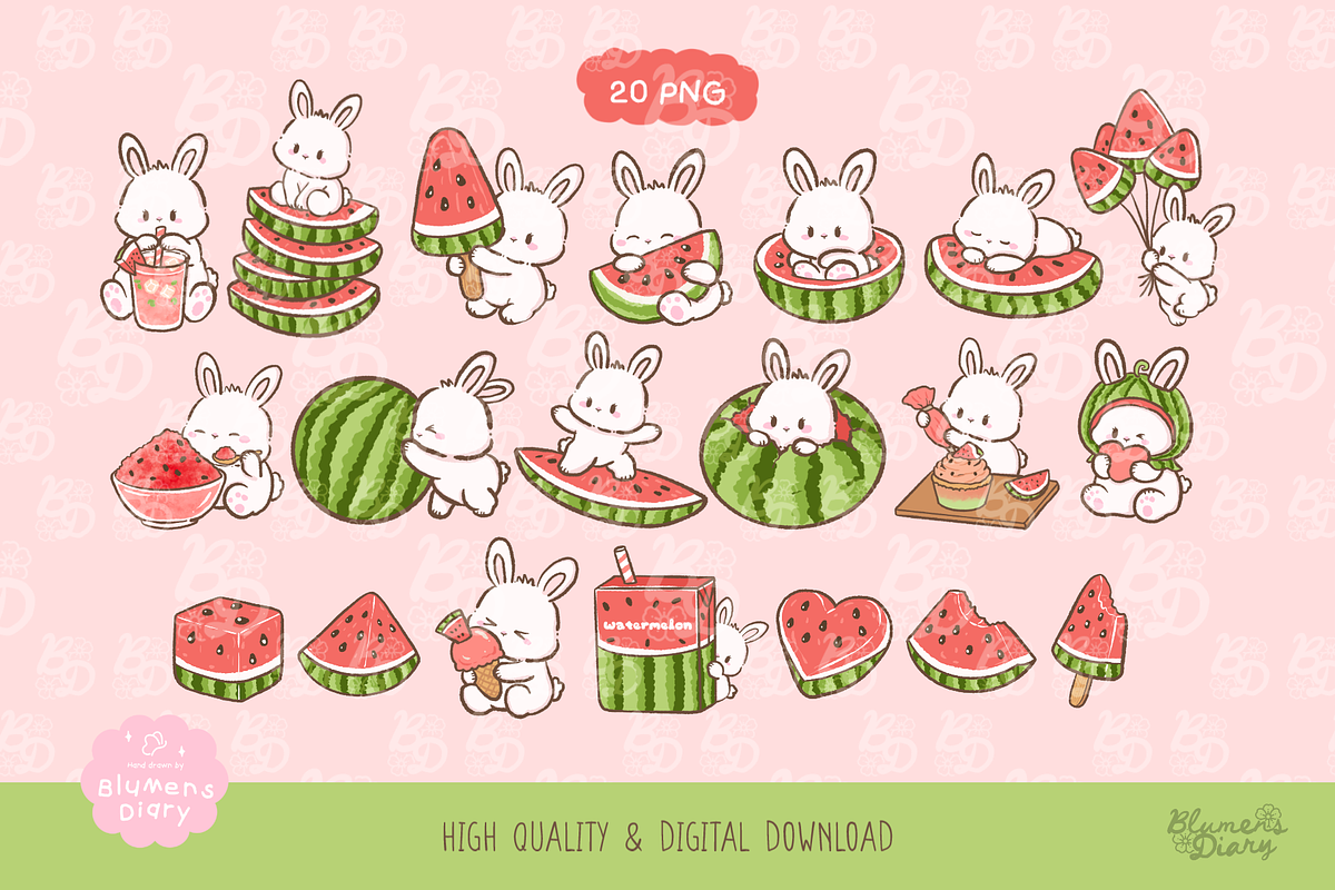 Sweet Watermelon Bunny Clipart, an Animal Illustration by Blumensdiary (Photo 2 of 6)