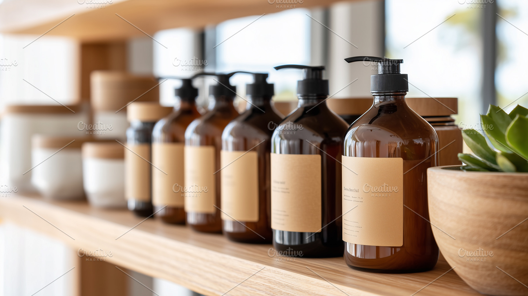 Row of brown glass pump bottles, a Beauty & Fashion Photo by MistyDay