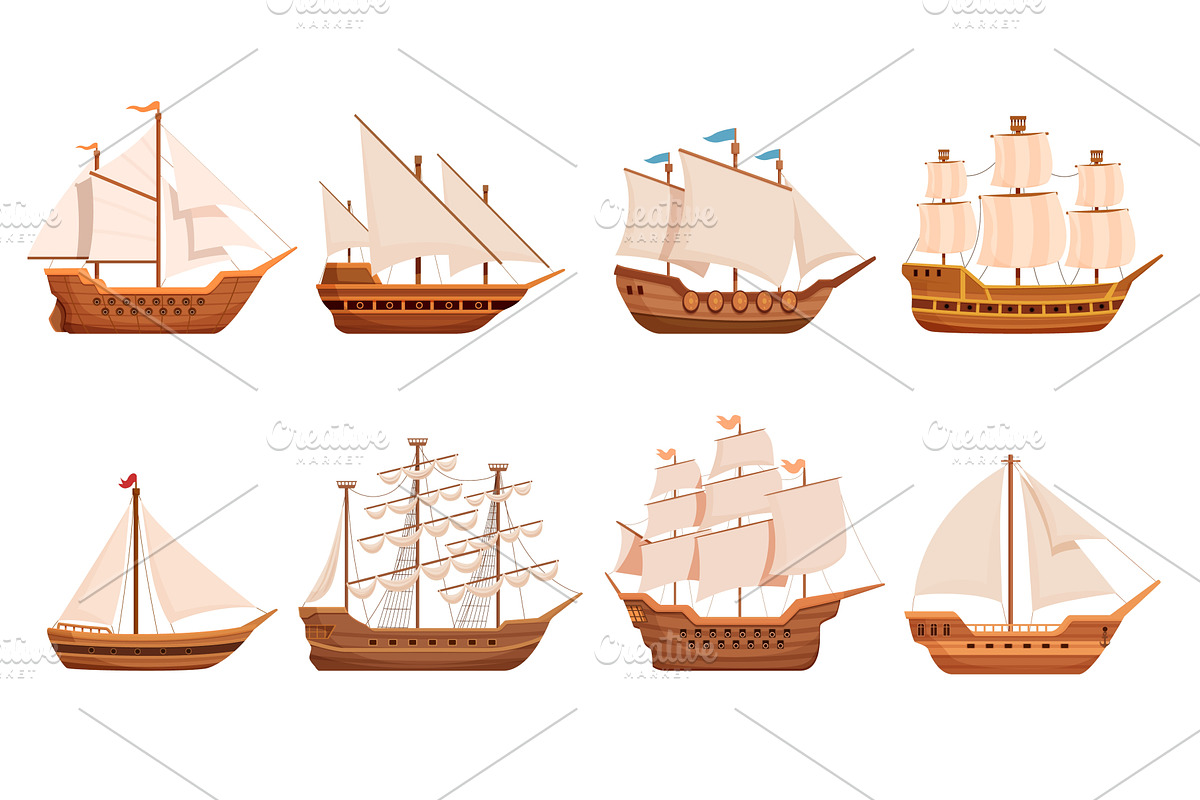 Cartoon old sailboats. Traditional, a Transportation Illustration by Valerie Bodnar