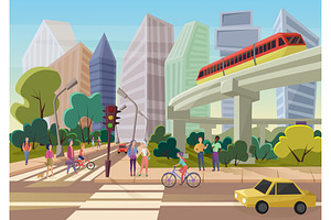 Cartoon City Street With People