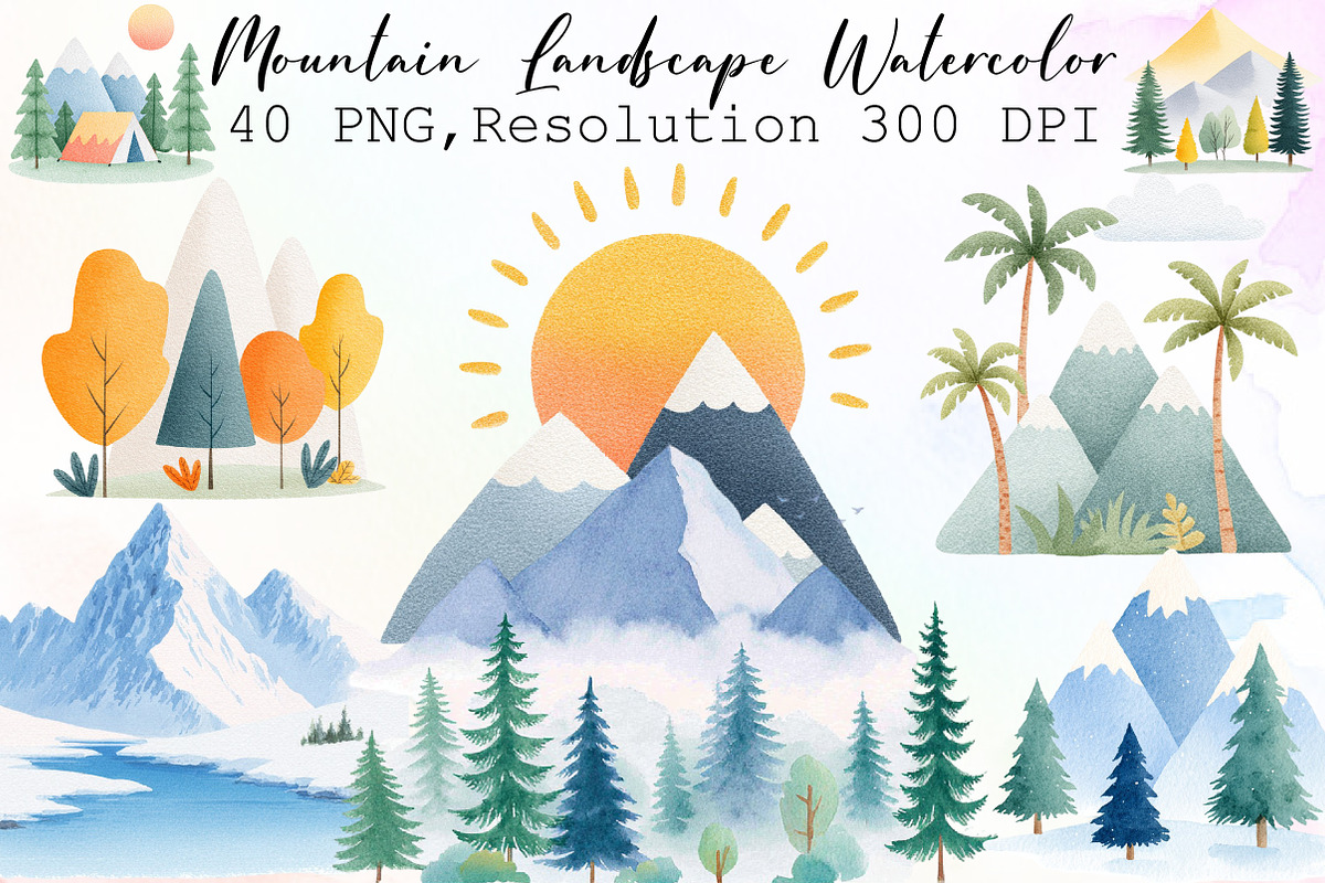 Mountain Landscape Watercolor Clipar, an Illustration by Sublimation Artist (Photo 1 of 6)