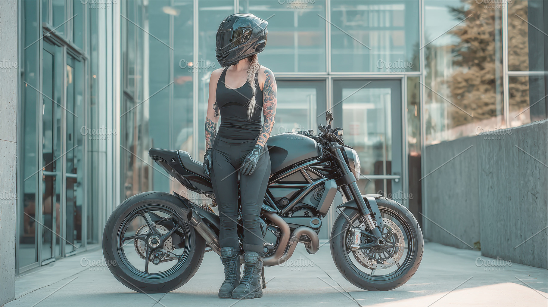 Woman on motorcycle by building, a Photo by Beautiful things