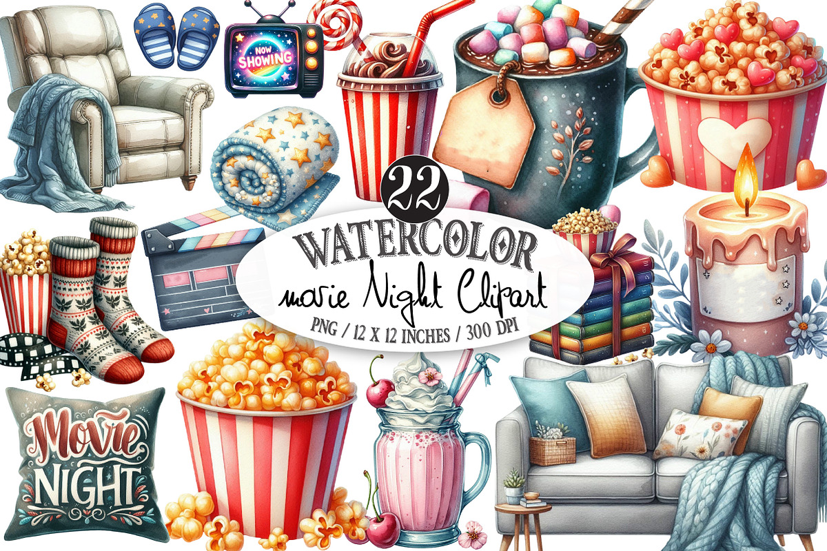 Watercolor Movie Night Clipart, an Illustration by Designking (Photo 1 of 4)