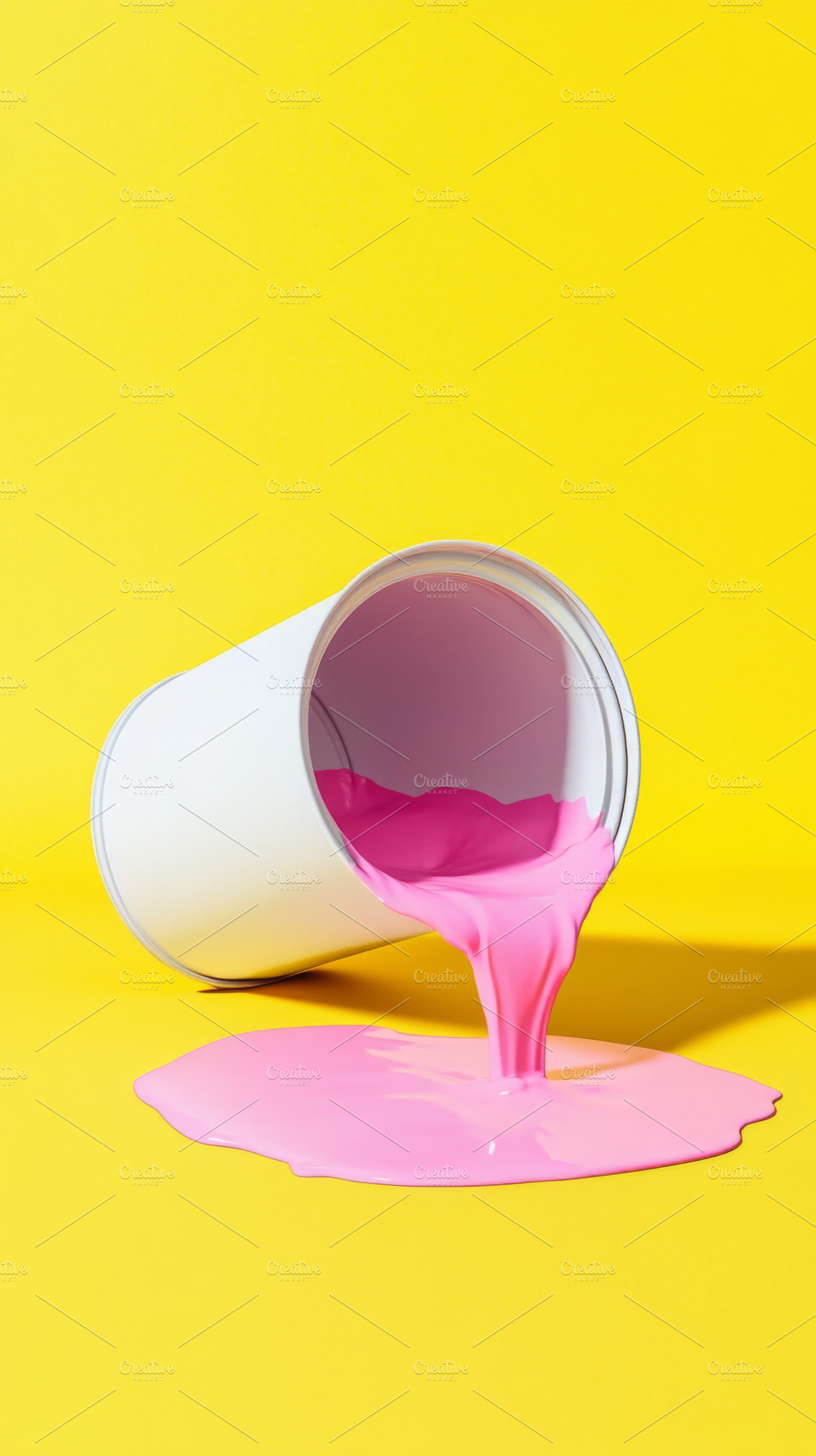 Pink Paint Spilling from a White Can on Yellow Background, an Abstract Photo by Natalia Klenova's Shop