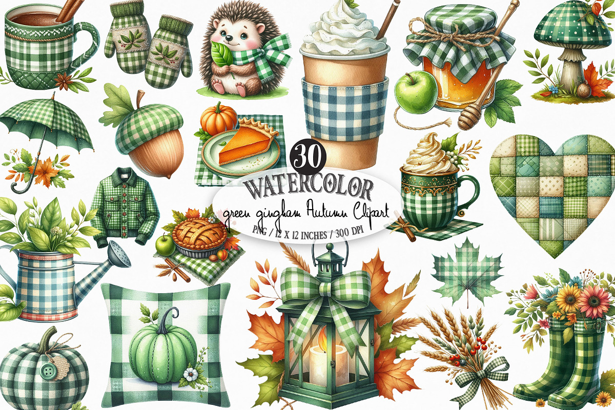 Green Gingham Autumn Clipart, an Illustration by Designking (Photo 1 of 4)