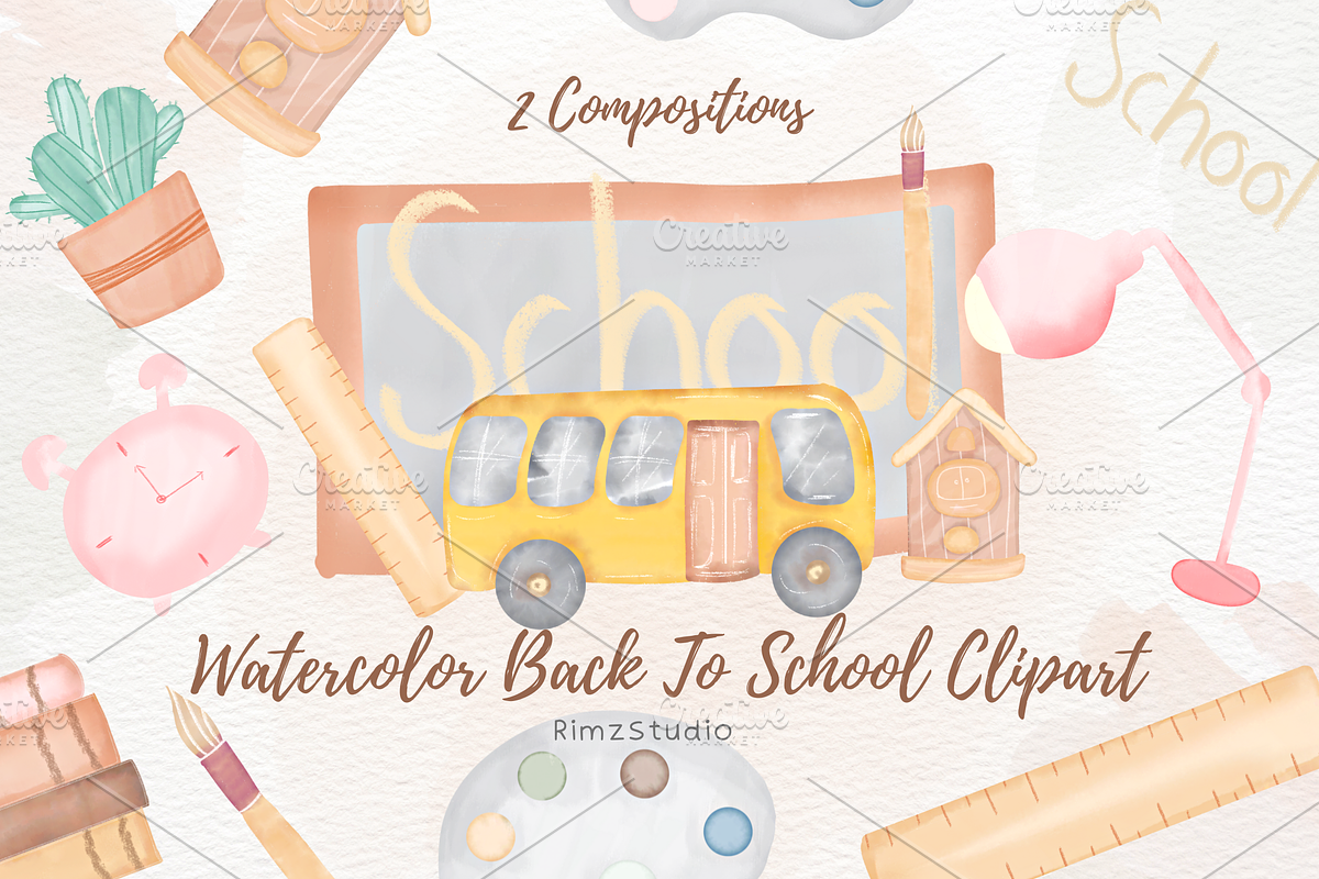 Watercolor Back to School Clipart, an Illustration by RimzStudio (Photo 1 of 5)