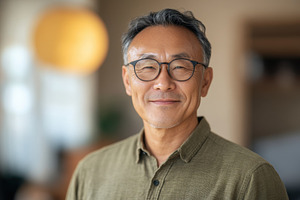 Confident smiling asian man in glass, a Photo by Pavel_design
