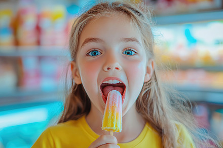 Portrait of beautiful child girl eating delicious ice cream, a Person Photo by AlyaAnd
