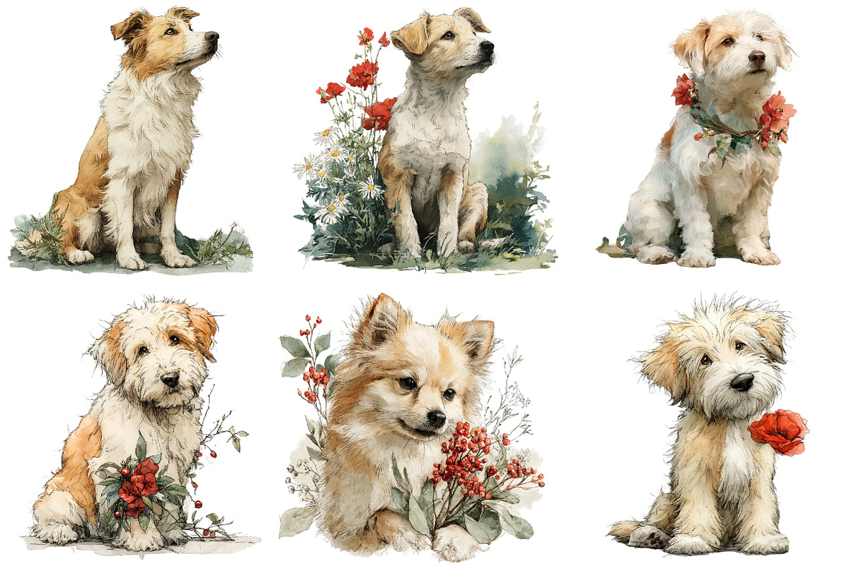 Whimsical Dogs Floral Clipart, an Illustration by DreamArtGraphic (Photo 4 of 4)