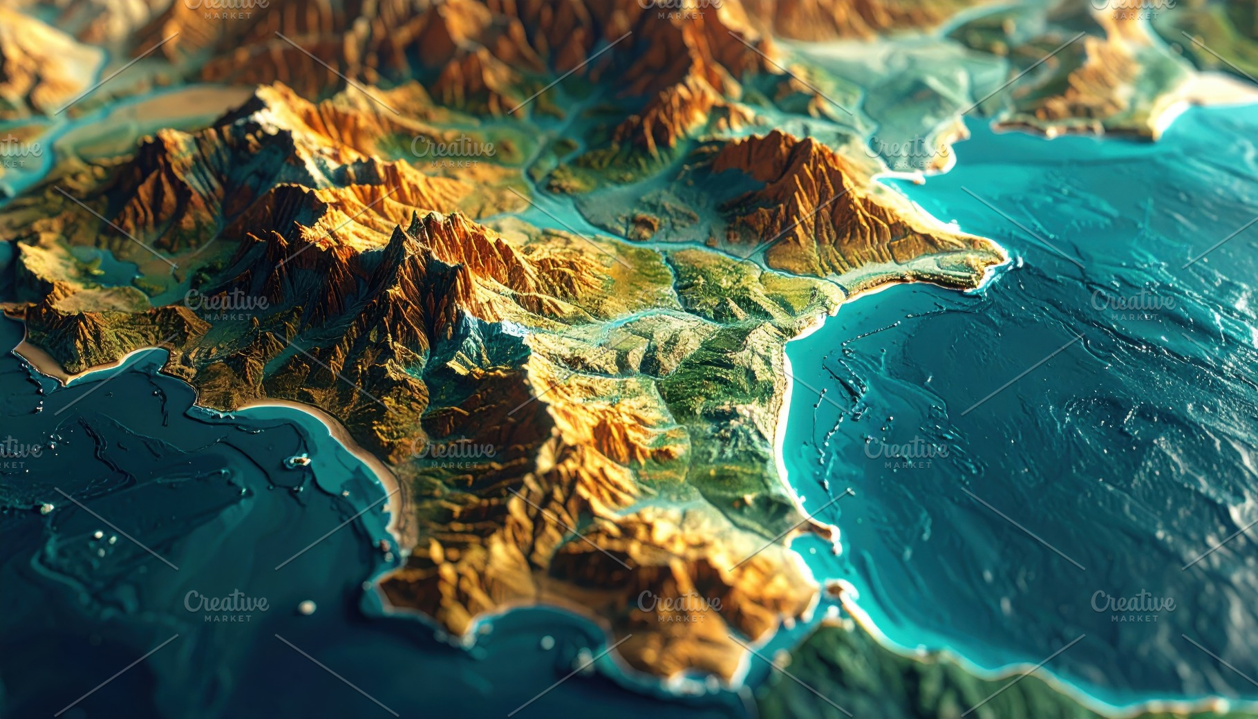 Topographic relief map with golden mountains and ocean, a Nature Photo by Igor Tichonow