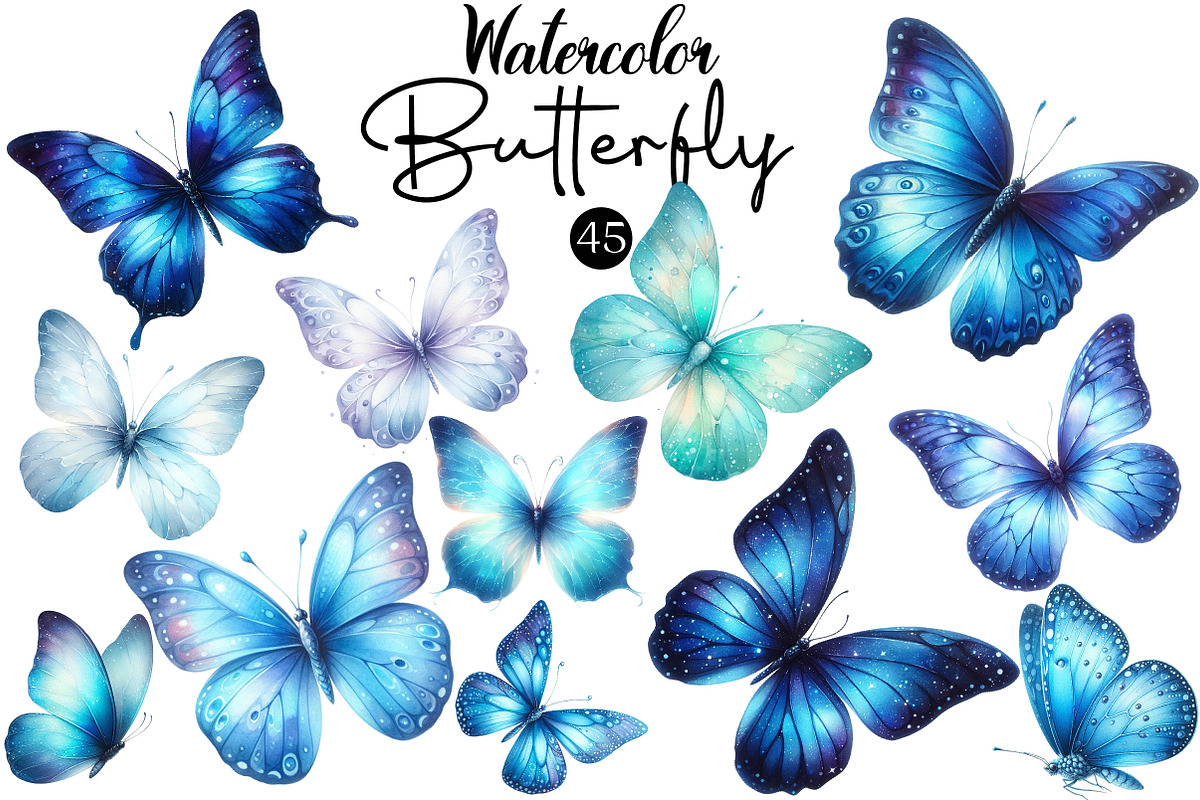 Watercolor Blue Butterfly Clipart, an Illustration by DreamCafeArt (Photo 1 of 6)