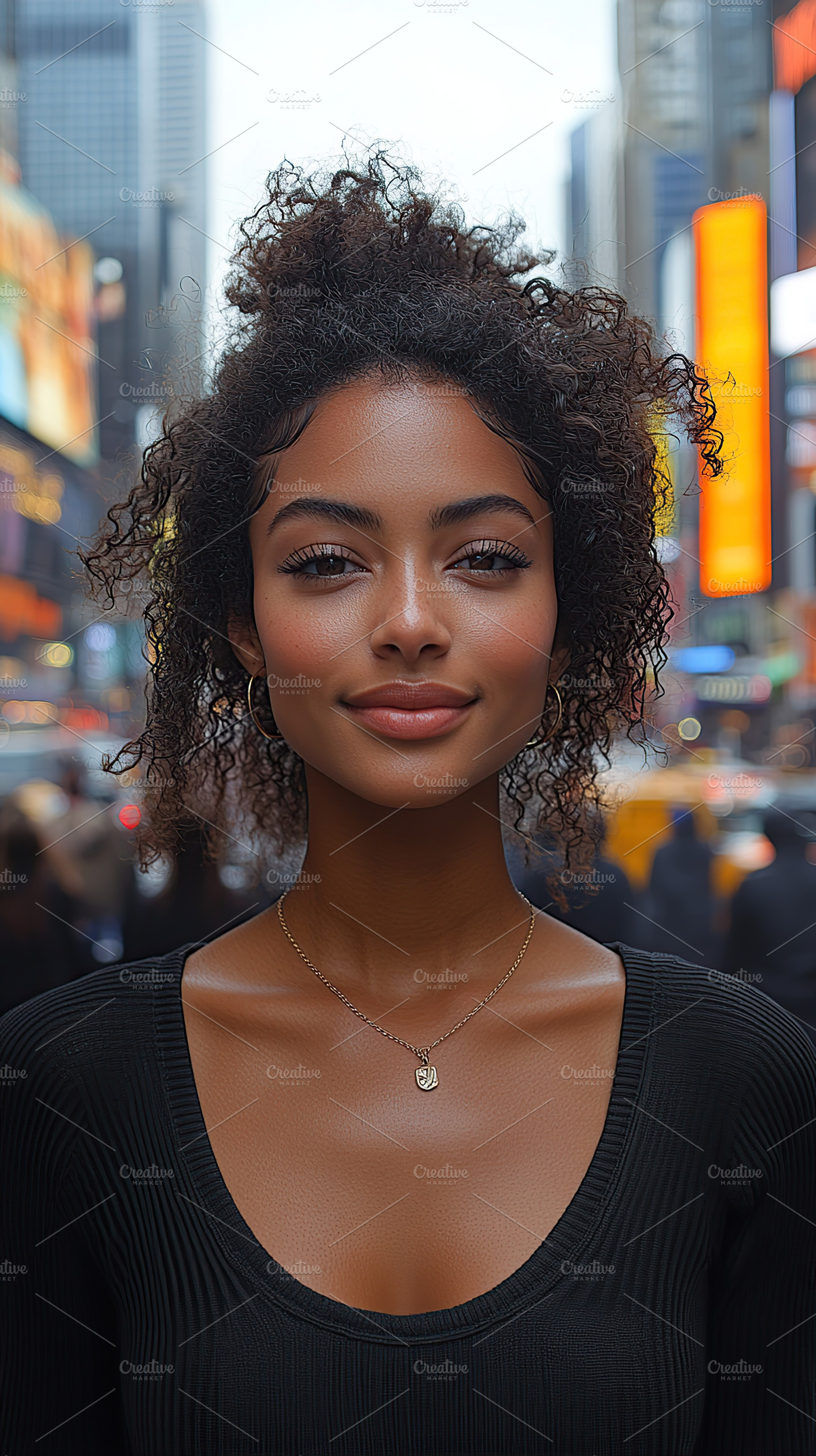 Young woman smiling in a vibrant urban setting with blurred city background, a Person Photo by AlyaAnd