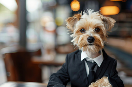 Cute dog in black suit on blurred restaurant background, an Animal Photo by AlyaAnd
