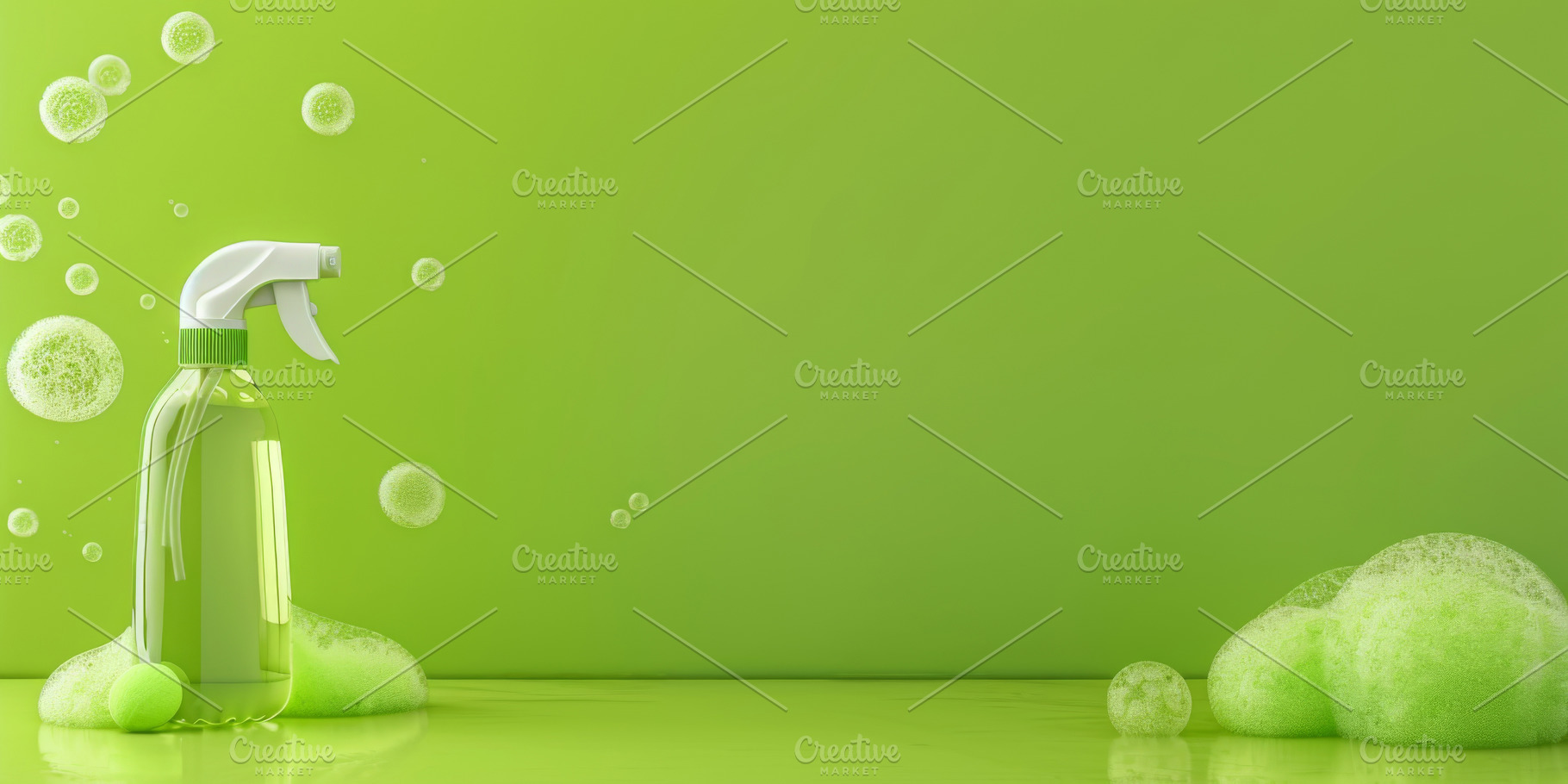 Spray bottle with green liquid and foam on green background, a Photo by Dvoevnore photos