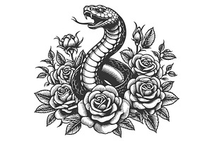 Snake Coiled Among Roses Tattoo