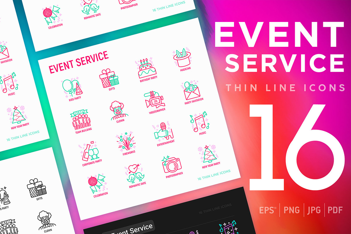 Event Service | 16 Thin Line Icons, an Outline Icon by Alex Blogoodf (Photo 1 of 8)