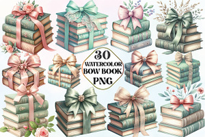 Sage Coquette Bow Book Stack Clipart, an Illustration by CraftArtStudio