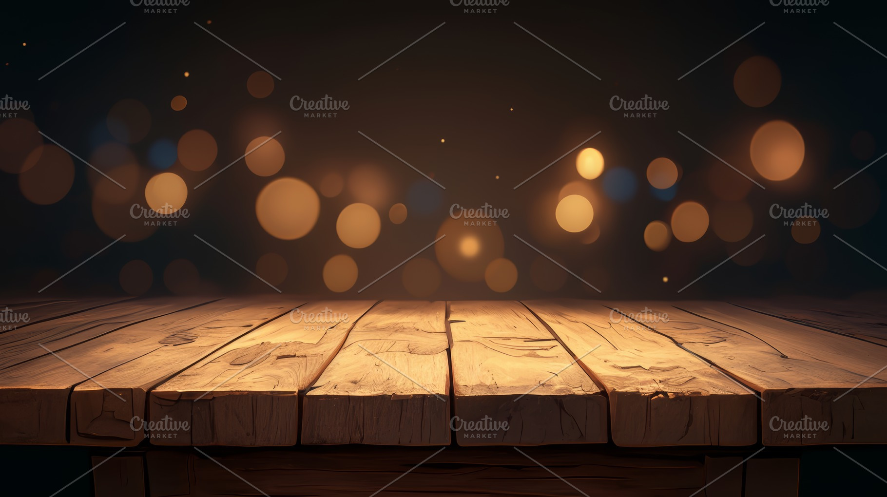 Wooden surface with glowing bokeh lights in a warm and rustic ambiance, a Photo by AS photostudio