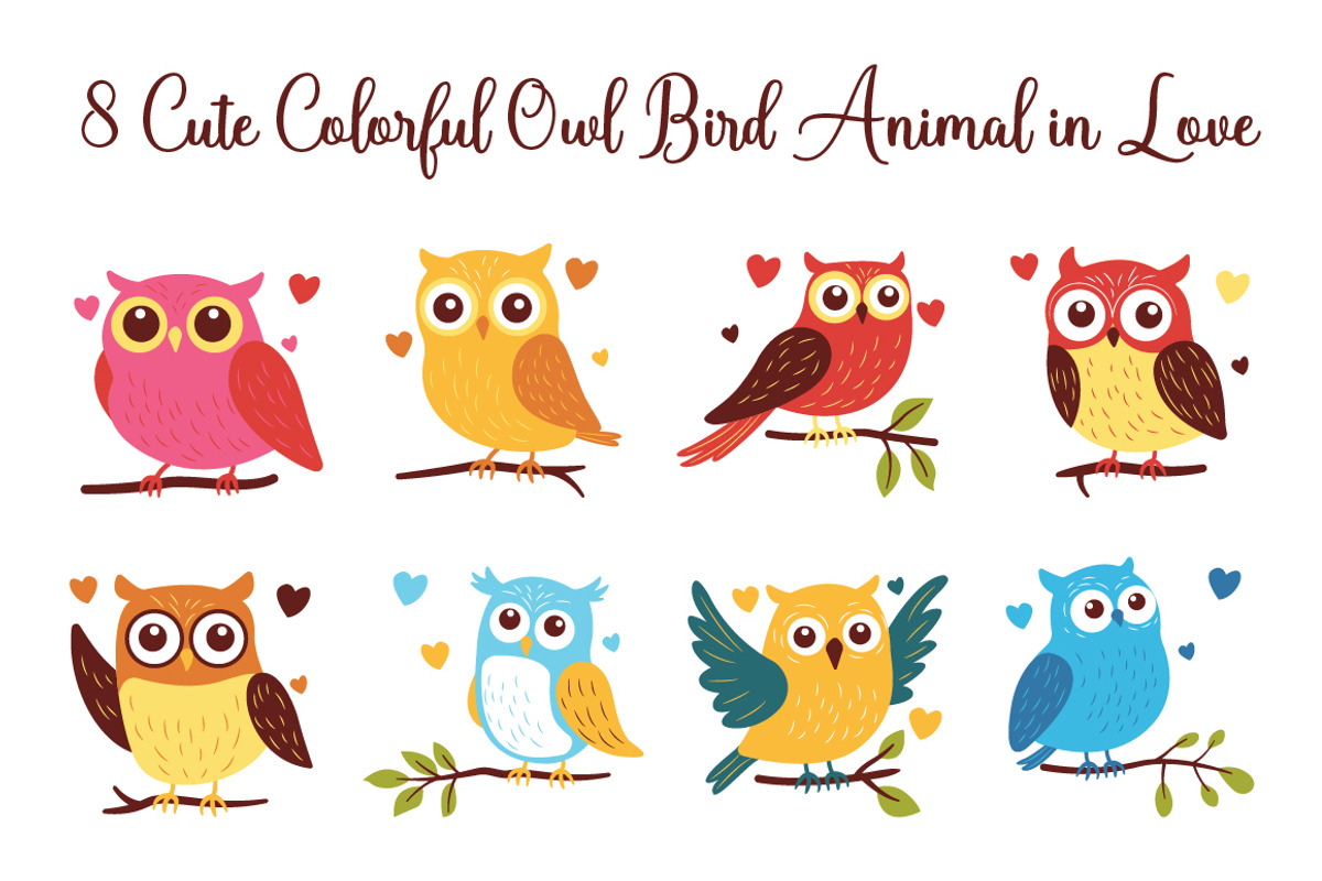 8 Cute Colorful Owl Bird in Love, an Animal Illustration by jongcreative (Photo 1 of 6)