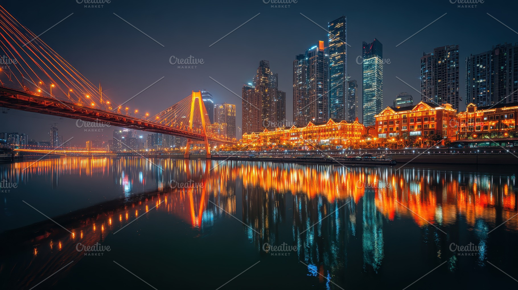 Night cityscape bridge reflection vi, a Photo by Pixeness Studio