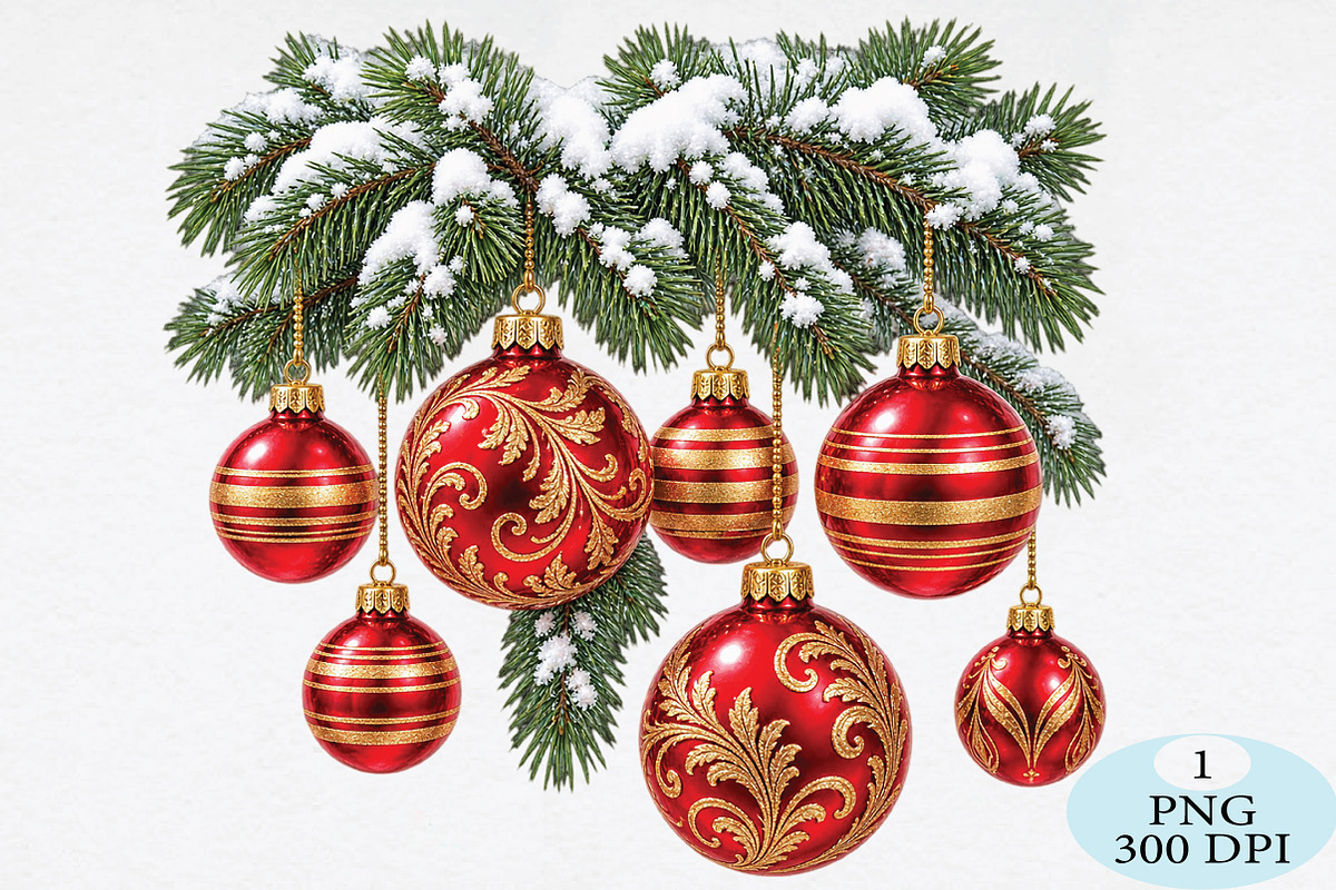 Snowy Pine Garland Red Ornaments PNG, a Seasonal Illustration by Daily.Designs (Photo 1 of 5)
