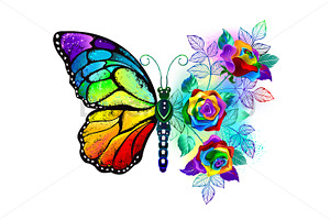 Flower Butterfly With Rainbow Roses