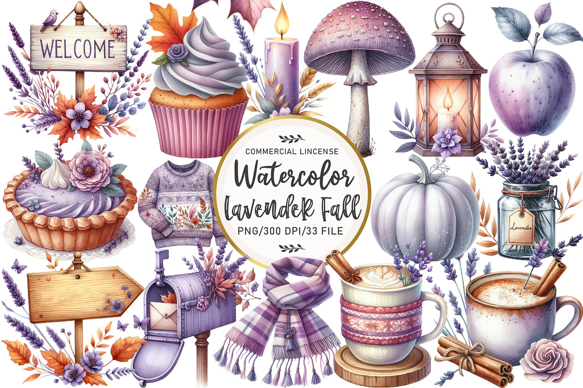 Watercolor Lavender Fall Clipart, an Illustration by OK Design (Photo 1 of 4)