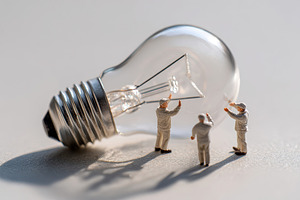 Miniature teamwork on a light bulb, a Business Photo by AlyaAnd