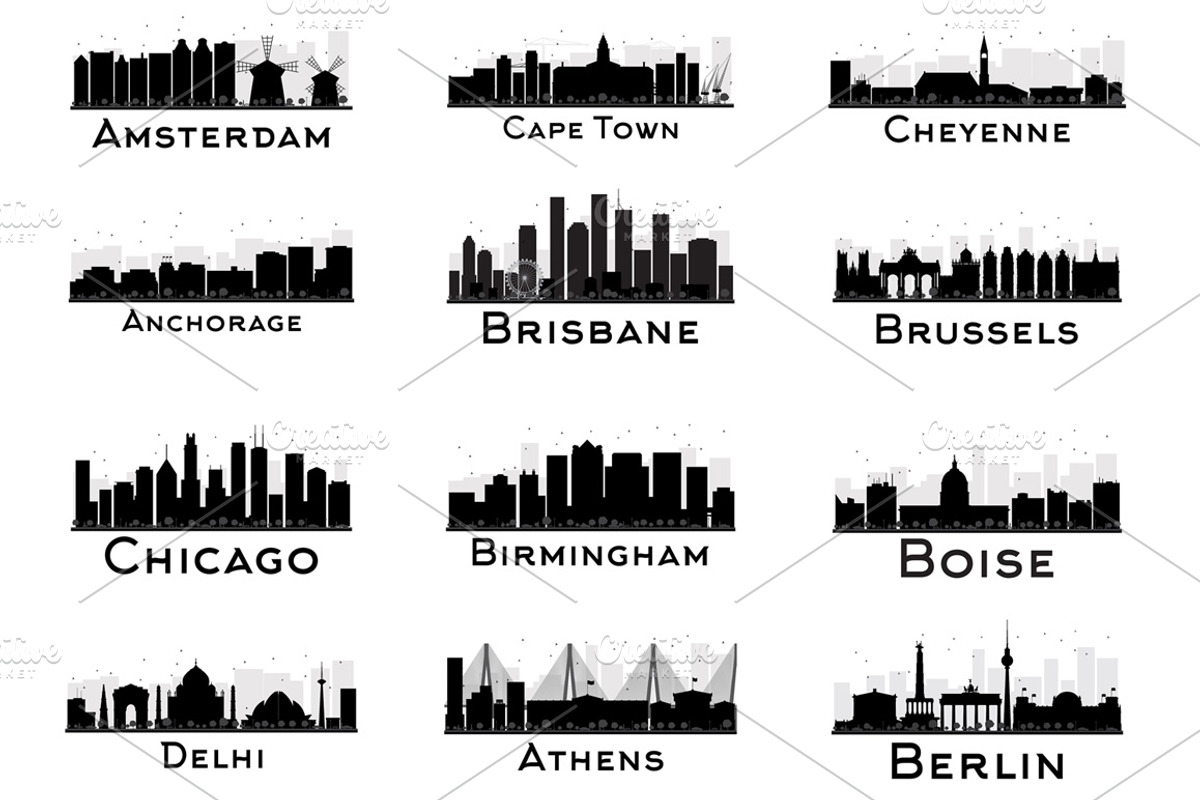 60 City Skyline Silhouettes Set, an Illustration by Booblgum (Photo 2 of 10)