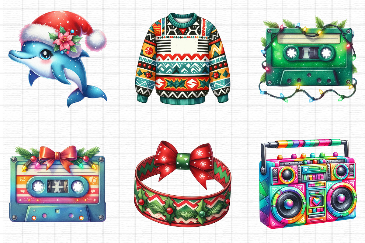 Retro 90s Christmas Clipart Set, a Seasonal Illustration by Daily.Designs