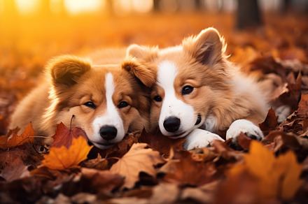 Cute dogs in autumn leaves, an Animal Photo by AlyaAnd
