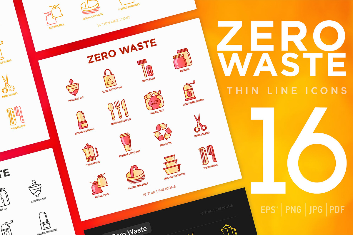 Zero Waste | 16 Thin Line Icons Set, an Outline Icon by Alex Blogoodf (Photo 1 of 9)