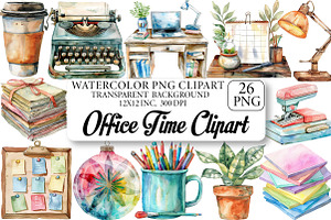 Watercolor Office Time Clipart Bundl, a Texture Illustration by DreamPrint404