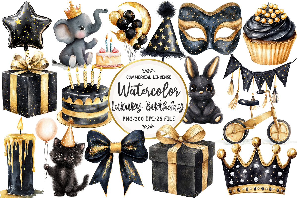Luxury Black Kids Birthday Clipart, an Illustration by OK Design (Photo 1 of 5)
