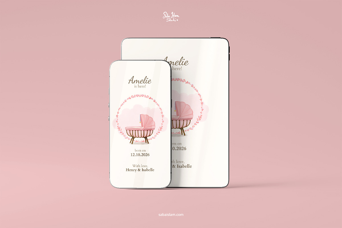 Elegant Pink Birth Announcement, a Card Template by SabaIslam.Studio (Photo 3 of 8)