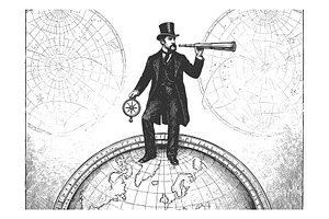 explorer standing on globe with, an Illustration by AlexArt