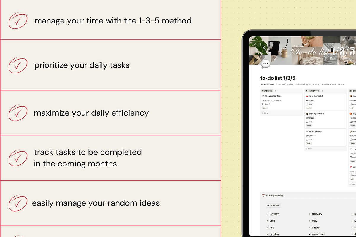 To-do list 1/3/5 - Notion template, an App Template by Iasan Design (Photo 3 of 7)