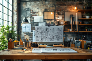 A creative workspace featuring architectural blueprints on a desk, a computer m, a Person Photo by Textures & Backgrounds