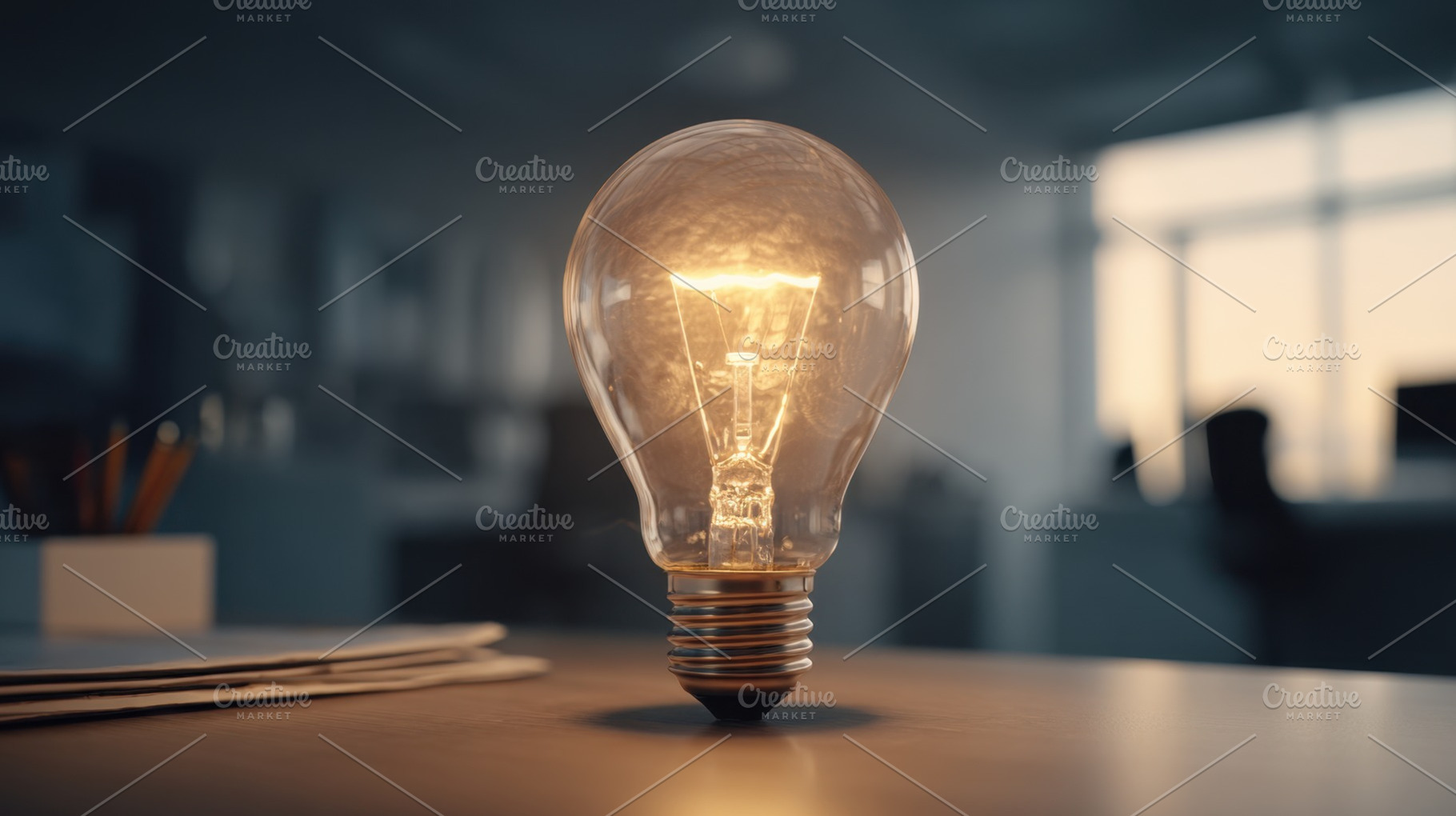 Light bulb shining in office space, a Photo by Beautiful things
