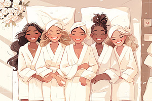 Five smiling friends relaxing together in spa robes from a top perspective, an Illustration by AS photostudio