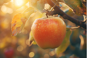 Sunlit dewy apple on tree branch, a Food & Drink Photo by Ylivdesign