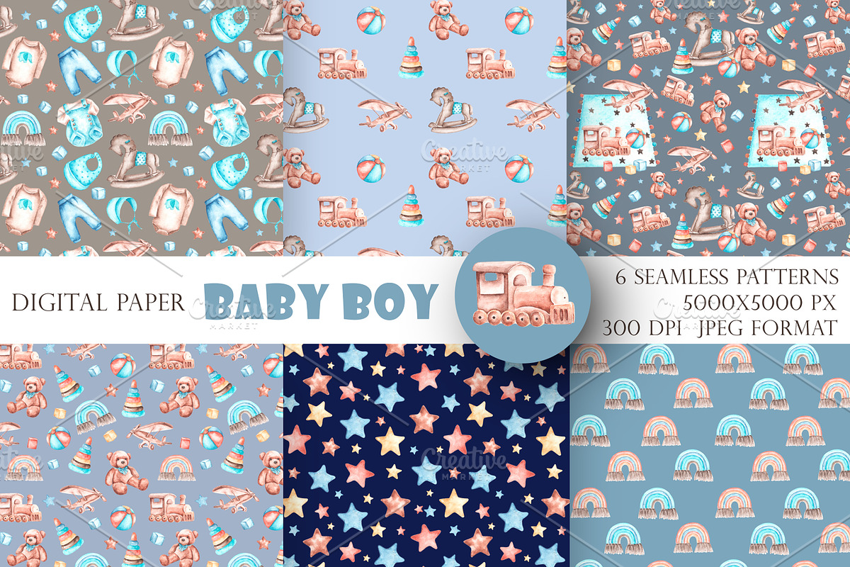 Baby boy watercolor set. Birthday., an Illustration by SabinaWatercolorArt (Photo 9 of 15)