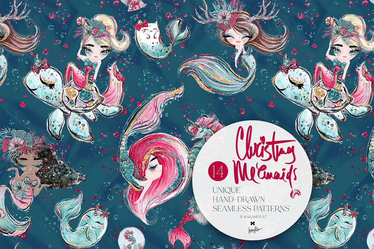 Christmas Mermaids Seamless Patterns, a Pattern Graphic by KaramfilaS (Photo 10 of 19)