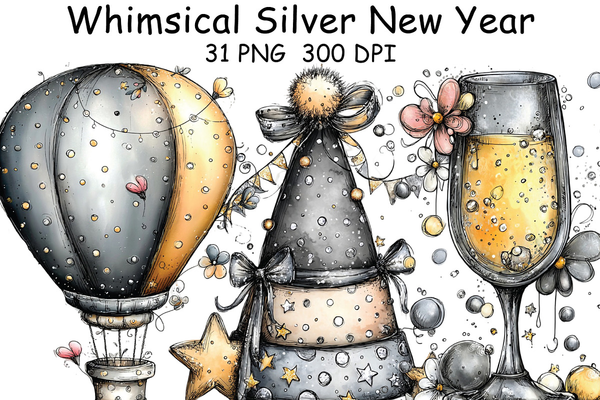 Whimsical Silver New Year Clipart, an Illustration by CraftArtStudio (Photo 1 of 6)