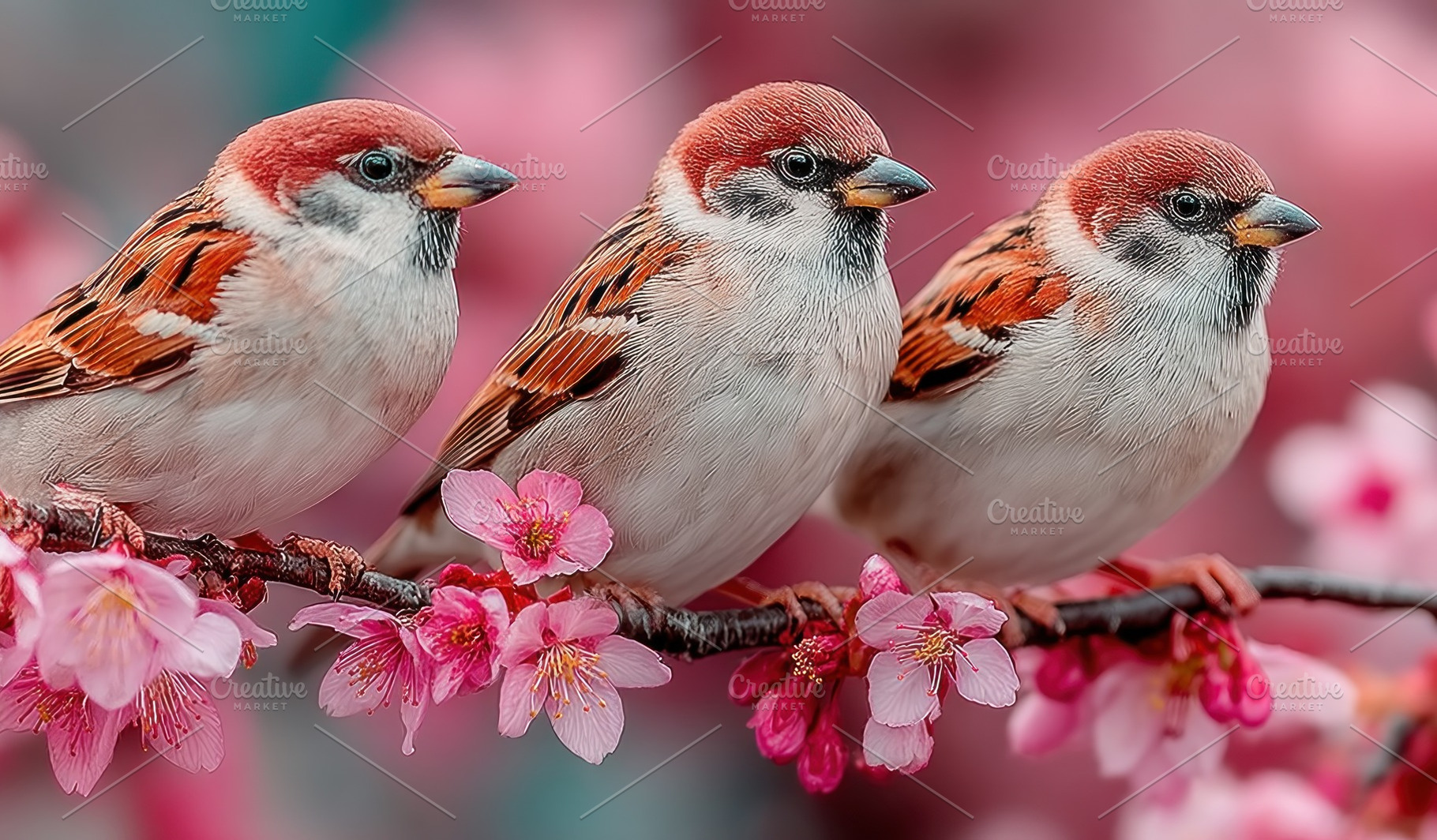 Three Sparrows Sitting on Cherry Blossom Branch with Pink Spring, a Nature Photo by José Manuel Gelpi