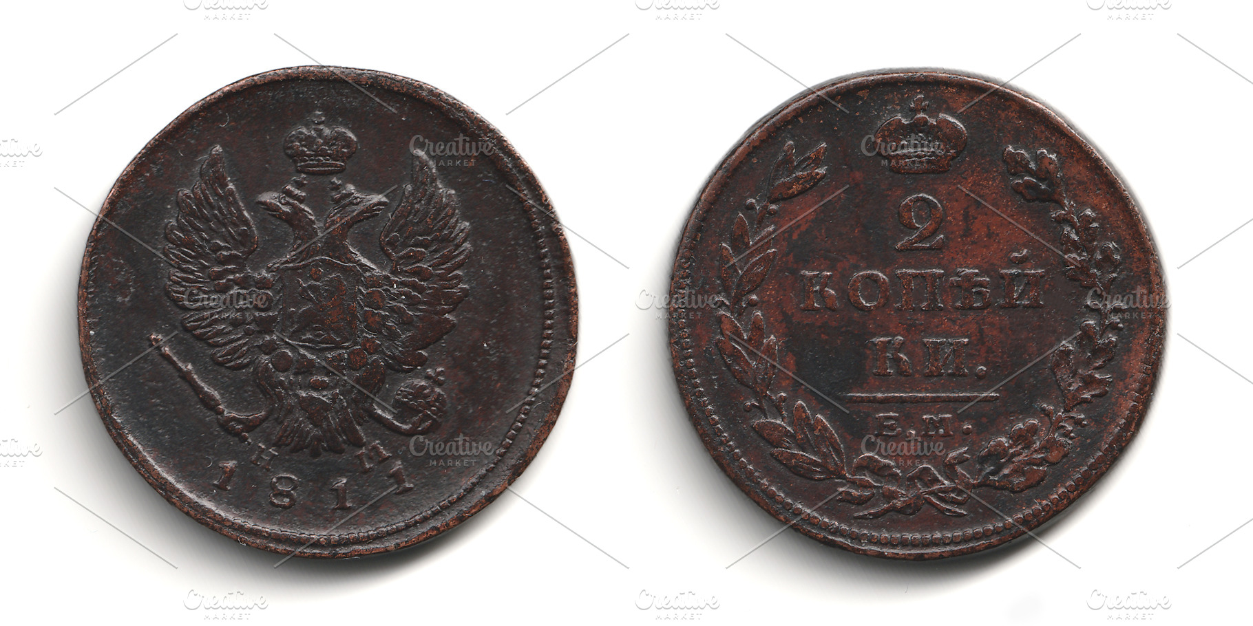 Front and back view of an old Russian Empire copper 2 kopeck coin 1810-1830 Ale, an Arts & Entertainment Photo by Textures & Backgrounds